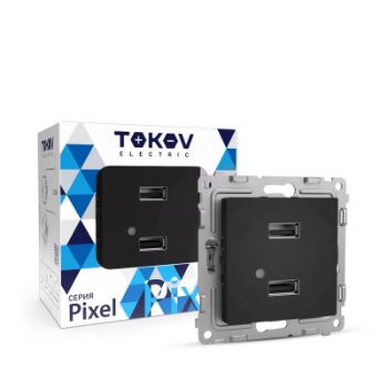 Изображение Розетка 2-м USB СП Pixel тип A+A 5В 1х2.1А 2х1.05А механизм карбон TOKOV ELECTRIC TKE-PX-2USB-C14