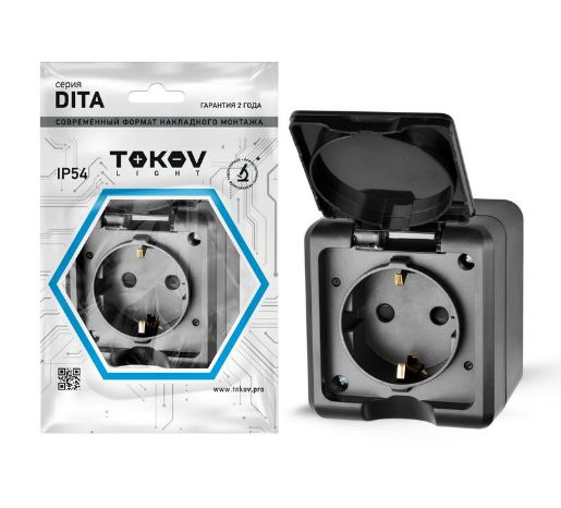Изображение Розетка 1-м ОП Dita 16А IP54 250В с заземл. с крышкой карбон TOKOV ELECTRIC TKL-DT-R1Z-C14-IP54