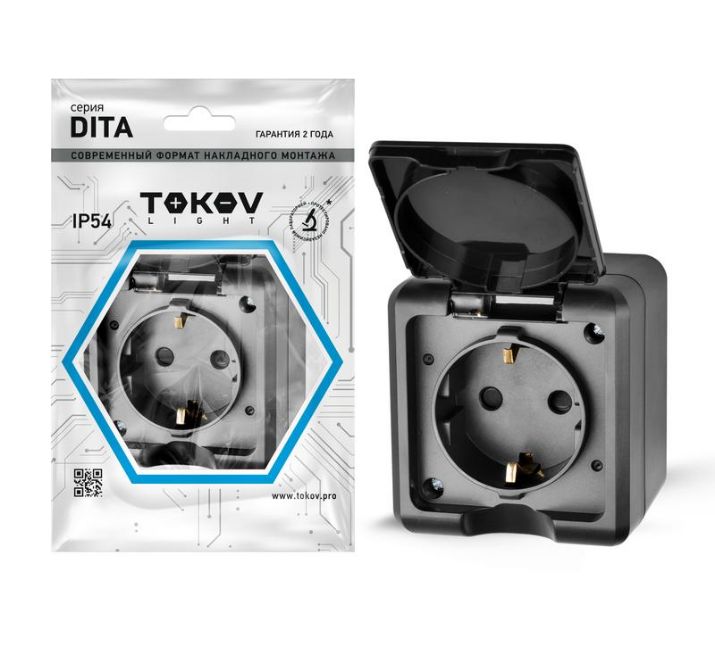 Изображение Розетка 1-м ОП Dita 16А IP54 250В с заземл. с крышкой карбон TOKOV ELECTRIC TKL-DT-R1Z-C14-IP54