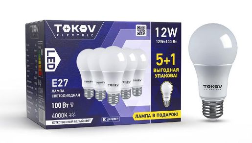 Изображение Набор ПРОМО лампа светодиодная 12Вт А60 4000К Е27 176-264В (Promo 5+1 шт) TOKOV ELECTRIC Promo-A60-E27-12-4K