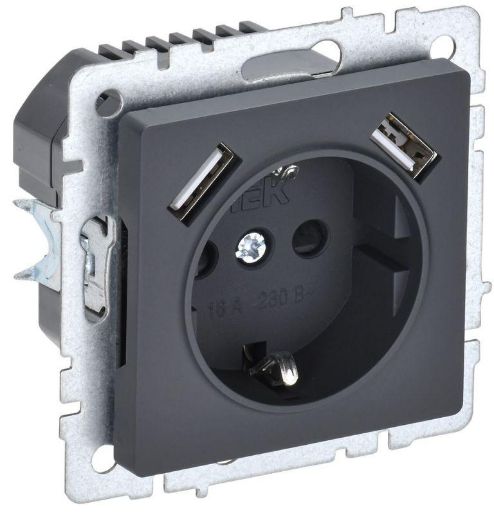 Изображение Розетка BRITE РЮш10-1-БрГ 16А с USB A+A 2.1А с заземл. защ. шторки механизм графит IEK BR-R14-16-U21-D21-K53