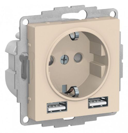 Изображение Розетка 1-м СП AtlasDesign 16А IP20 с 2-мя заряд. устройствами USB тип A+A 5В/2.4А 2х5В/1.2А механизм беж. SE ATN000230
