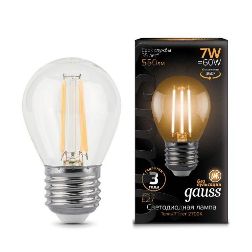 Изображение Лампа светодиодная филаментная Black Filament 7Вт P45 шар 2700К тепл. бел. E27 550лм GAUSS 105802107