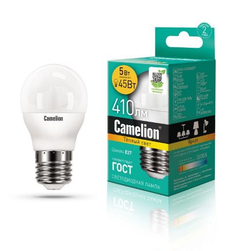 Изображение Лампа светодиодная LED5-G45/830/E27 5Вт шар матовая 3000К тепл. бел. E27 410лм 170-265В Camelion 12028