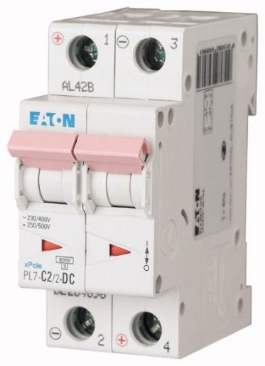 Изображение Выключатель автоматический модульный 2п C 2А 6кА PL7-C2/2-DC EATON 264896