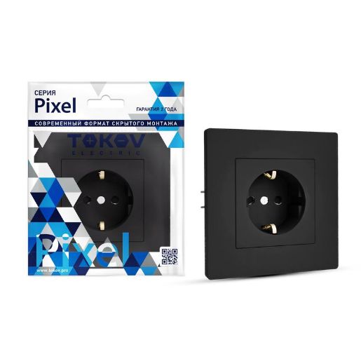 Изображение Розетка 1-м СП Pixel 16А IP20 с заземл. защ. шторки в сборе карбон TOKOV ELECTRIC TKE-PX-R1FZSF-C14