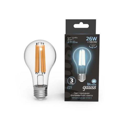 Изображение Лампа светодиодная филаментная Black Filament 26Вт A70 грушевидная 4100К нейтр. бел. E27 2700лм GAUSS 102902226