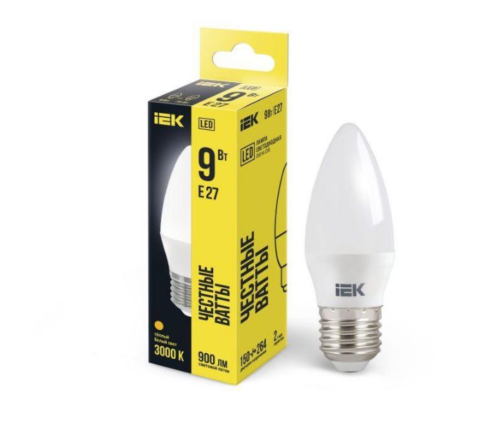 Изображение Лампа светодиодная ECO C35 9Вт свеча 3000К E27 230В IEK LLE-C35-9-230-30-E27