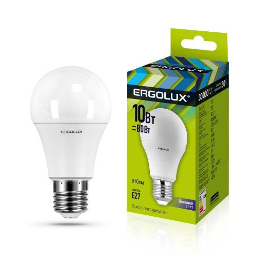Изображение Лампа светодиодная LED-A60-10W-E27-6500K 10Вт грушевидная 6500К холод. бел. E27 180-240В ЛОН Ergolux 12879