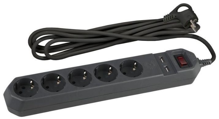 Изображение Удлинитель с сетевым фильтром 5х1.5м с заземл. 10А IP20 2хUSB ПВС 3х0.75 с выкл. черн. Эра Б0019036