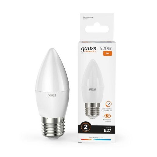 Изображение Лампа светодиодная Elementary 8Вт свеча 3000К тепл. бел. E27 520лм GAUSS 33218