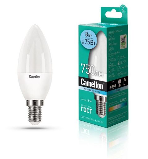 Изображение Лампа светодиодная LED8-C35/845/E14 8Вт свеча 4500К бел. E14 750лм 170-265В Camelion 12386