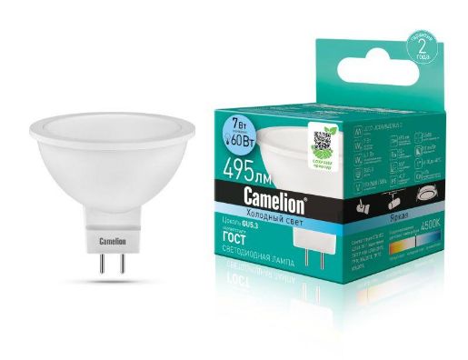 Изображение Лампа светодиодная LED7 JCDR/845/GU5.3 7Вт рефлектор матовая 4500К бел. GU5.3 495лм 170-265В Camelion 11657