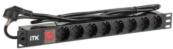 Изображение Блок розеток 8 мест PDU (немец. станд.) PH12-8D1-P 19дюймов DIN49440 с LED выкл. ПВХ 1U шнур 2м ITK PH12-8D1-P