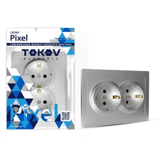 Изображение Розетка 2-м СП Pixel 16А IP20 с заземл. защ. шторки в сборе алюм. TOKOV ELECTRIC TKE-PX-R2FZSF-C03