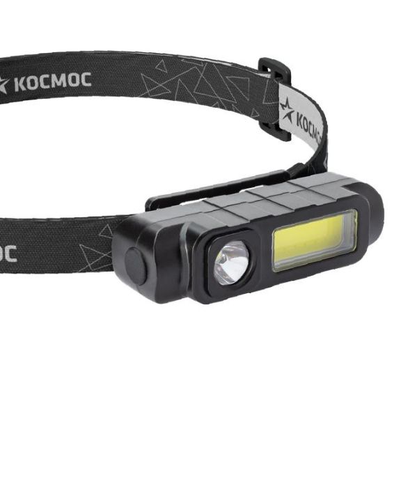 Изображение Фонарь аккумуляторный налобный 1Вт LED+3Вт COB LED Li-ion 18650 800мА.ч корпус ABS-пластик USB-шнур регулируемый эласт. ремешок КОСМОС KOC510Lit