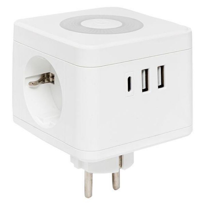 Изображение Разветвитель 3-м куб 2 гнезда 2хUSB 2.4А + тип C + ночник EKF UBA-CUB-T2-TC