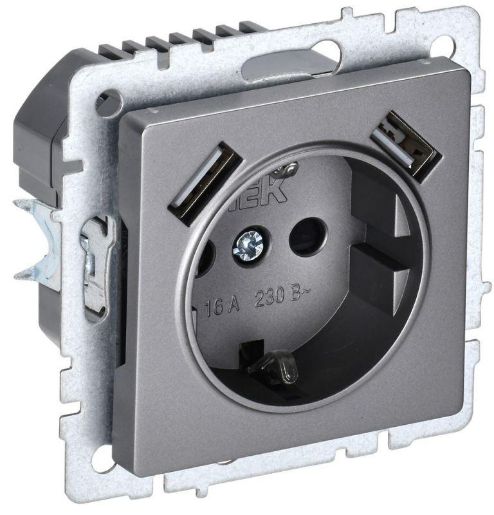Изображение Розетка BRITE РЮш10-1-БрС 16А с USB A+A 2.1А с заземл. защ. шторки механизм сталь IEK BR-R14-16-U21-D21-K46