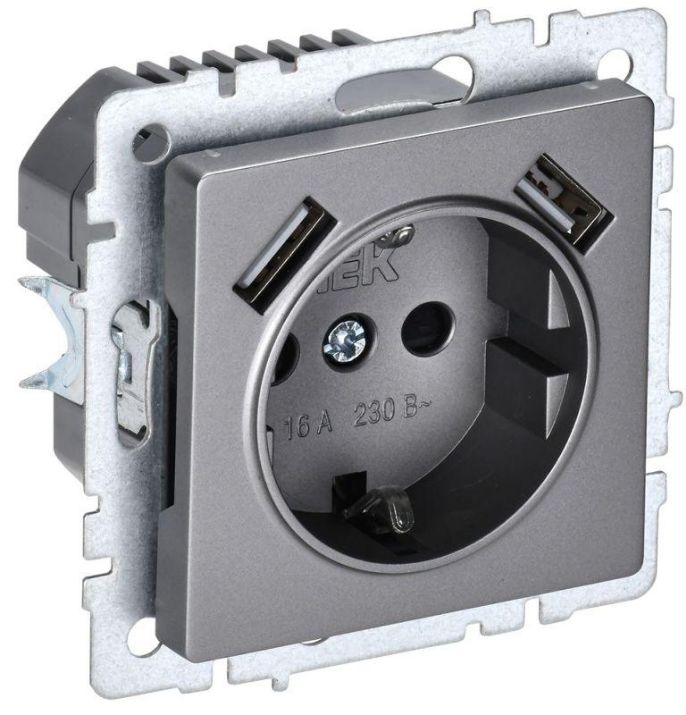 Изображение Розетка BRITE РЮш10-1-БрС 16А с USB A+A 2.1А с заземл. защ. шторки механизм сталь IEK BR-R14-16-U21-D21-K46