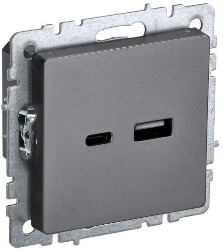 Изображение Розетка BRITE USB A+C 18Вт РЮ11-1-БрС механизм сталь IEK BR-U22-018-K46