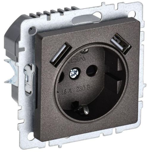 Изображение Розетка BRITE РЮш10-1-БрТБ 16А с USB A+A 2.1А с заземл. защ. шторки темн. механизм бронза IEK BR-R14-16-U21-D21-K45