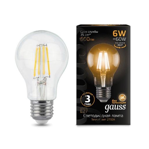 Изображение Лампа светодиодная филаментная Black Filament 6Вт A60 грушевидная 2700К тепл. бел. E27 600лм GAUSS 102802106