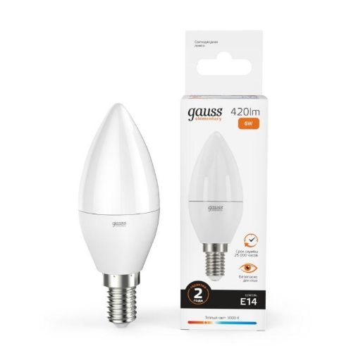 Изображение Лампа светодиодная Elementary 6Вт свеча 3000К тепл. бел. E14 420лм GAUSS 33116
