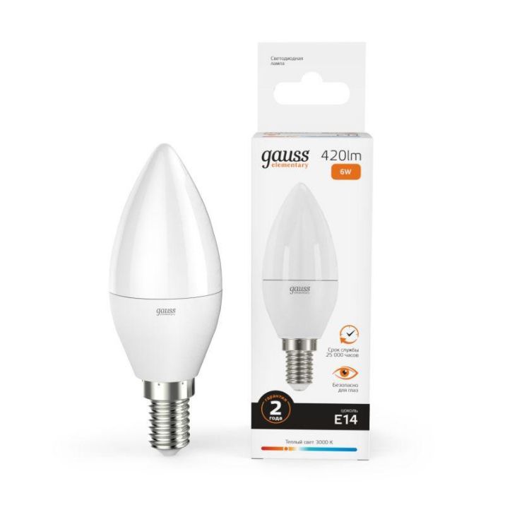 Изображение Лампа светодиодная Elementary 6Вт свеча 3000К тепл. бел. E14 420лм GAUSS 33116