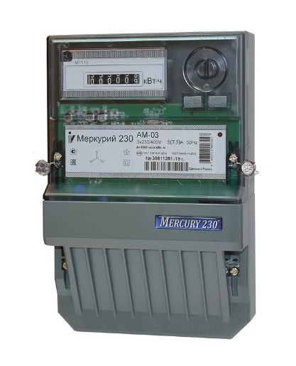 Изображение Счетчик Меркурий 230 AM-03 3ф 5-7.5А класс точн. 0.5S 1 тариф. импульс. вых. на панель мех. ОУ Инкотекс 00000032429