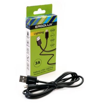 Изображение Кабель USB-Lightning 3А 1.2м зарядка + передача данных черн. (коробка) ERGOLUX 15096