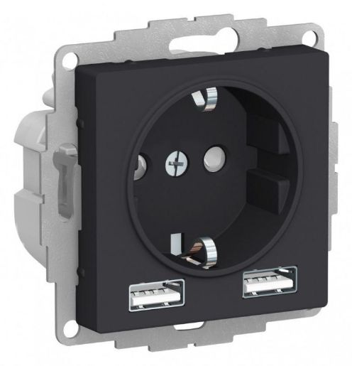 Изображение Розетка 1-м СП AtlasDesign 16А IP20 с 2-мя заряд. устройствами USB тип A+A 5В/2.4А 2х5В/1.2А механизм карбон SE ATN001030