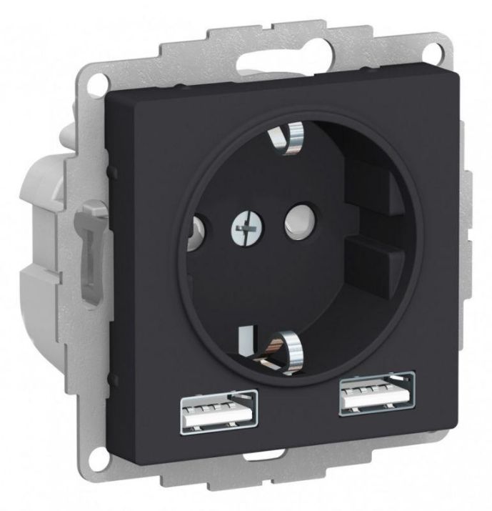Изображение Розетка 1-м СП AtlasDesign 16А IP20 с 2-мя заряд. устройствами USB тип A+A 5В/2.4А 2х5В/1.2А механизм карбон SE ATN001030