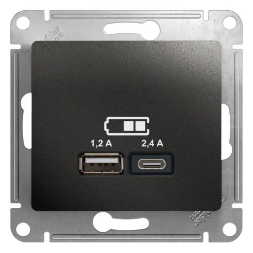 Изображение Розетка USB Glossa тип A+C 5В/2.4А 2х5В/1.2А механизм антрацит SE GSL000739