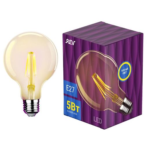 Изображение Лампа светодиодная филаментная PREMIUM (FILAMENT) 5Вт G95 шар 2700К тепл. E27 480лм REV 32433 1