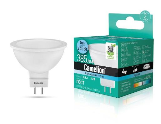 Изображение Лампа светодиодная LED5-MR16/845/GU5.3 5Вт 4500К бел. GU5.3 385лм 12В Camelion 12026