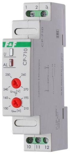 Изображение Реле напряжения CP-710 (однофазный; контроль верхнего и нижнего значений напряжения; монтаж на DIN-рейке 35мм; 230В 16А 1P IP20) F&F EA04.009.001
