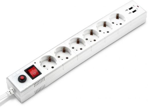 Изображение Удлинитель с сетевым фильтром 6х5м с заземл. 10А IP20 BU-SP5_USB_2A-W CCA бел. BURO 992316