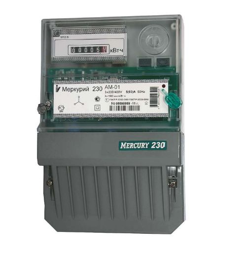 Изображение Счетчик Меркурий 230 AM-01 3ф 5-60А класс точн. 1.0 1 тариф. импульс. вых. на панель мех. ОУ Инкотекс 00000032428