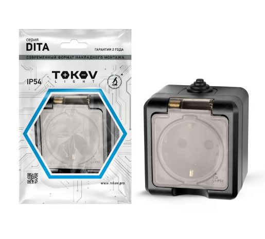 Изображение Розетка 1-м ОП Dita 16А IP54 250В с заземл. с прозр. крышкой карбон TOKOV ELECTRIC TKL-DT-R1Z-C14T-IP54