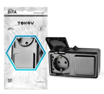 Изображение Блок ОП Dita (розетка 16А 250В с заземл. + 1-кл. выкл. 10А) IP54 карбон TOKOV ELECTRIC TKL-DT-V1RZ-C14-IP54