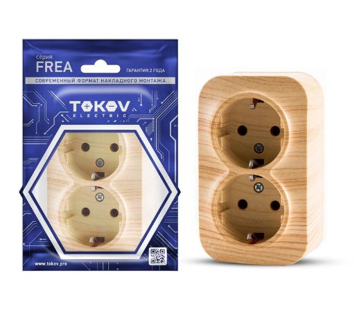 Изображение Розетка 2-м ОП Frea 16А IP20 250В с заземл. АБС-пластик сосна TOKOV ELECTRIC TKE-FR-R2Z-C25