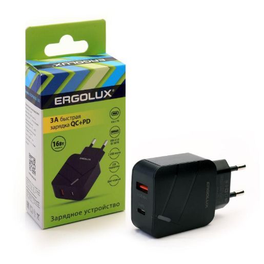 Изображение Адаптер сетевой ELX-РA01QC-C02 1USB+1Type C 100-220В 5-9В/3А QC коробка черн. ERGOLUX 15108