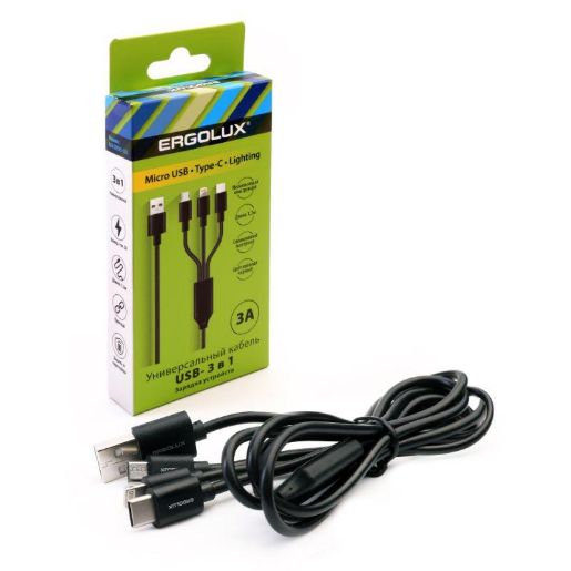 Изображение Кабель Micro USB-Lightning-Type C 3 в 1 3А 1.2м зарядка черн. (коробка) ERGOLUX 15099