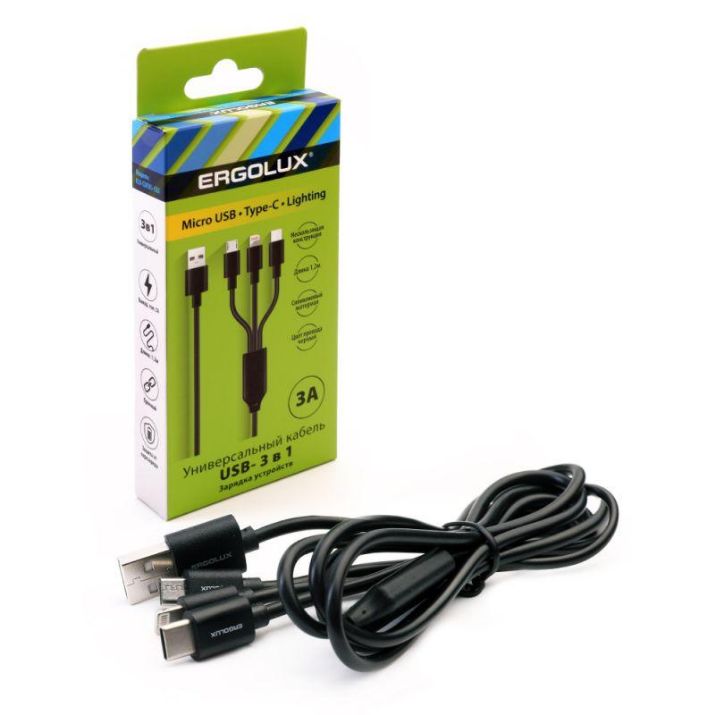 Изображение Кабель Micro USB-Lightning-Type C 3 в 1 3А 1.2м зарядка черн. (коробка) ERGOLUX 15099