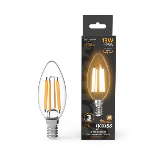 Изображение Лампа светодиодная филаментная Black Filament 13Вт свеча 2700К тепл. бел. E14 1100лм GAUSS 103801113