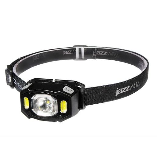 Изображение Фонарь аккумуляторный налобный AccuH3-L5W-bk LED 5Вт + 2хRED SMD IP54 5 режимов: 100проц. 180лм 3.5ч/50проц. 110лм 5.5ч/30проц. 65лм 15ч/красн. 28ч/мигающ. красн. 12ч аккум. управл. жестами черн. JazzWay 5036703