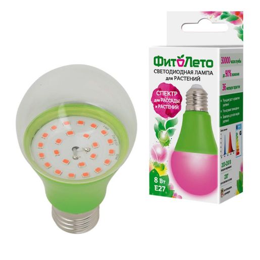 Изображение Лампа светодиодная LED-A60-8W/SPSB/E27/CL PLP30GR 8Вт A60 грушевидная прозрачная для растений спектр для рассады и цветения (упак. картон) Uniel UL-00004581