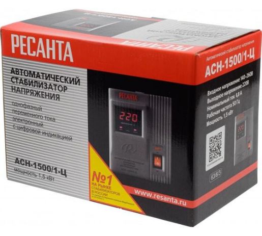 Изображение Стабилизатор напряжения АСН-1500/1-Ц 1ф 1.5кВт IP20 релейный Ресанта 63/6/3