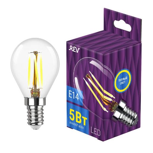 Изображение Лампа светодиодная филаментная PREMIUM (FILAMENT) 5Вт G45 2700К тепл. E14 480лм REV 32357 0