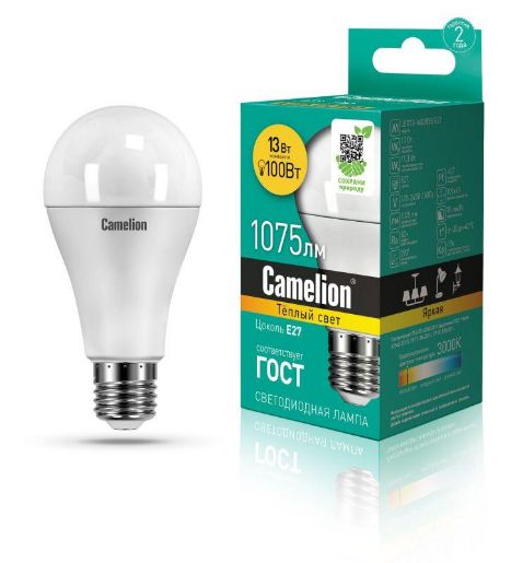 Изображение Лампа светодиодная LED13-A60/830/E27 13Вт грушевидная матовая 3000К тепл. бел. E27 1075лм 170-265В Camelion 12045